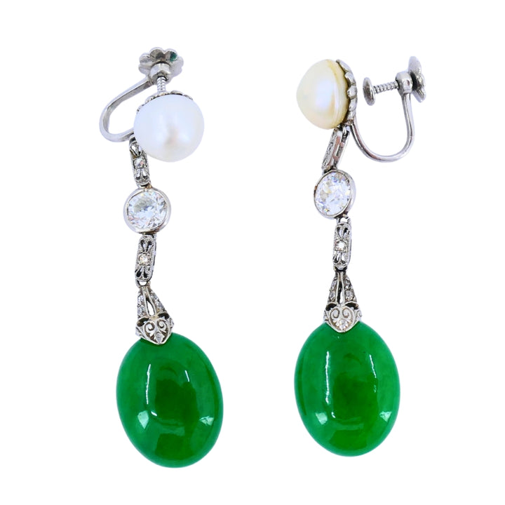 Art Deco Jade Earrings Platinum Pearls Old European Cut Diamonds Estate Jewelry