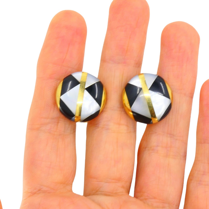 Angela Cummings for Tiffany & Co. MOP Gold Onyx Button Clip-On Earrings