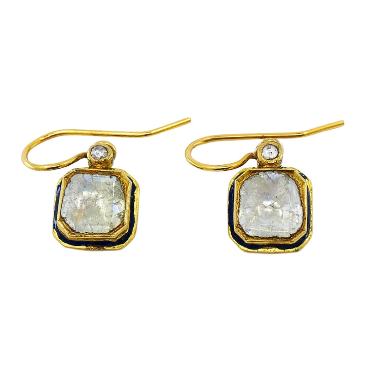 Antique 18k Gold Earrings Diamond Enamel Indian Origin