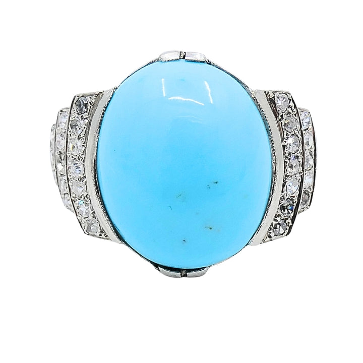 French Turquoise Ring Diamond 18k White Gold