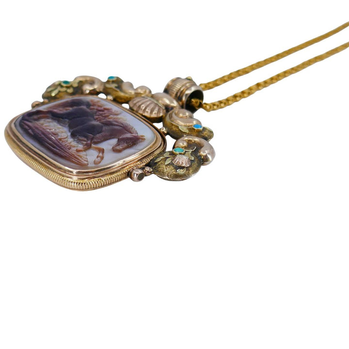 Antique Victorian Gold Mother of Pearl Equestrian Pendant Chain Necklace