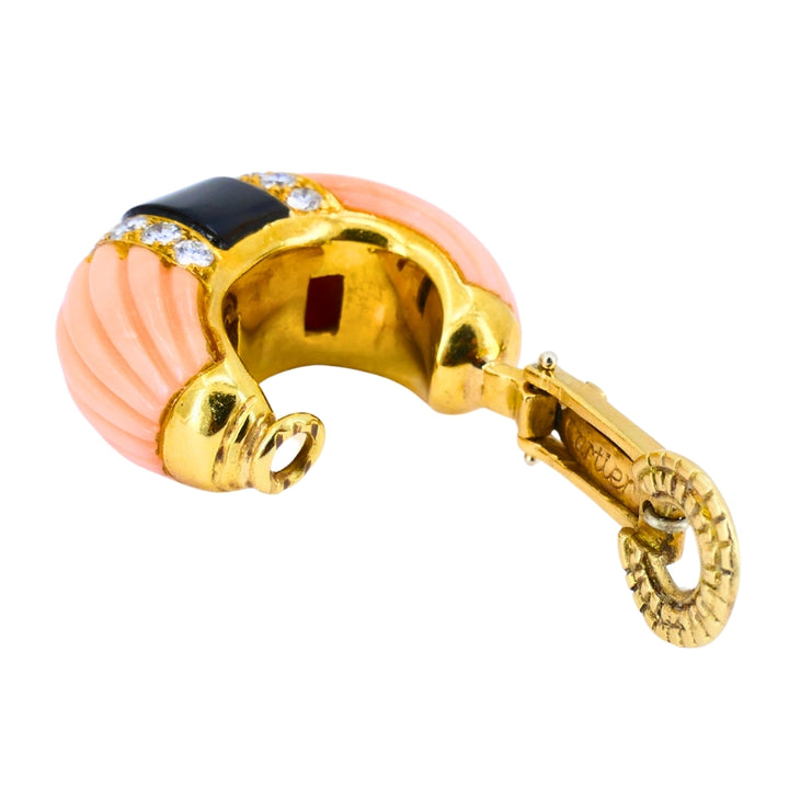 Vintage Cartier Set Coral Onyx Diamond 18k Gold Ring and Earrings Estate Jewelry