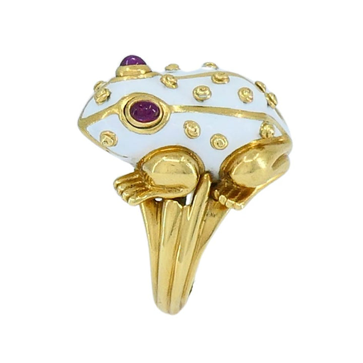1990s David Webb 18k Gold White Enamel Ruby Frog Ring