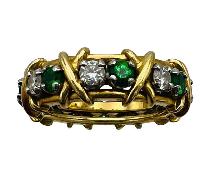 Tiffany & Co. Schlumberger Yellow Gold Platinum Diamond Emerald X Band Ring