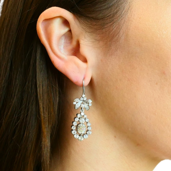 Art Deco Platinum Drop Earrings Old European Cushion Cut Diamonds Estate Jewelry