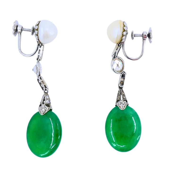 Art Deco Jade Earrings Platinum Pearls Old European Cut Diamonds Estate Jewelry