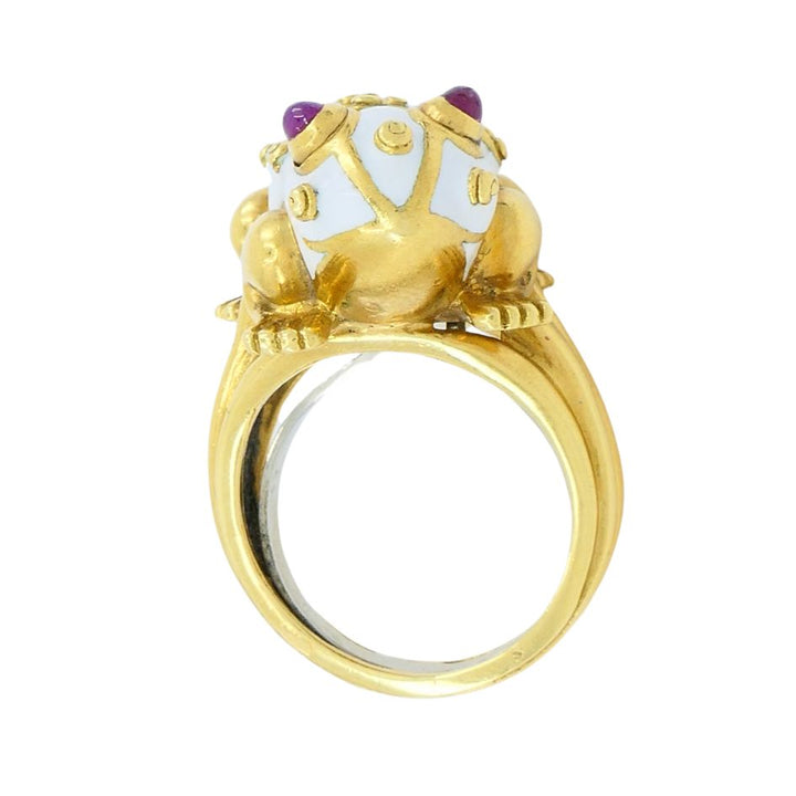 1990s David Webb 18k Gold White Enamel Ruby Frog Ring
