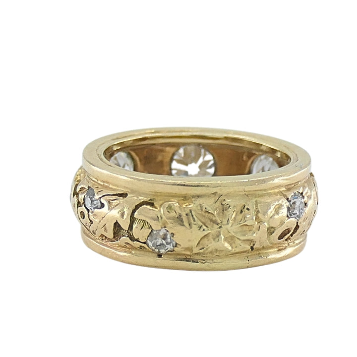 Vintage Diamond Band 14k Gold Leaf Motif Ring