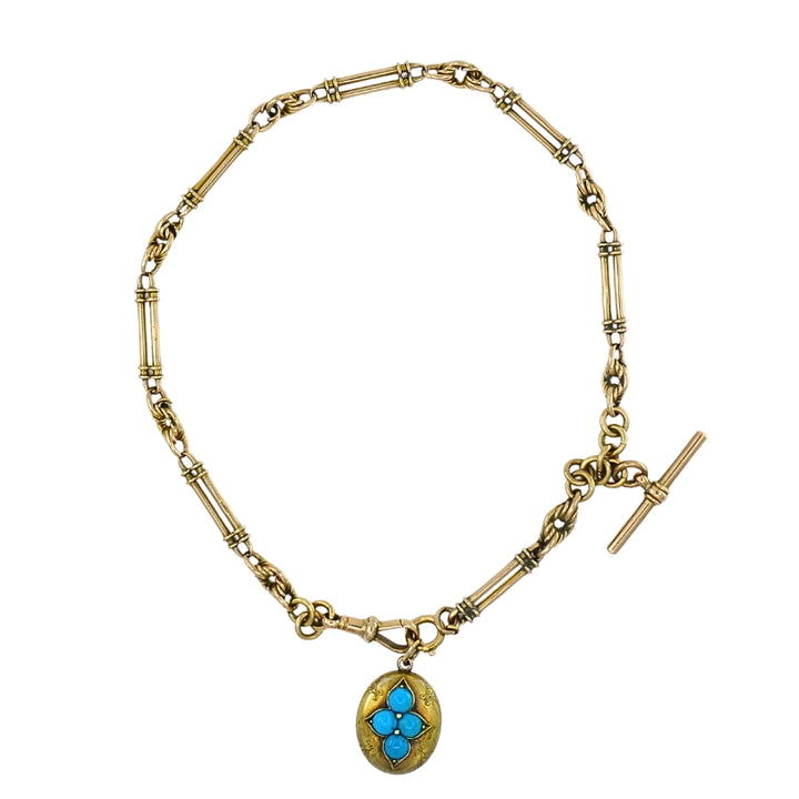 Antique 9k Gold Necklace Toggle Turquoise Locket