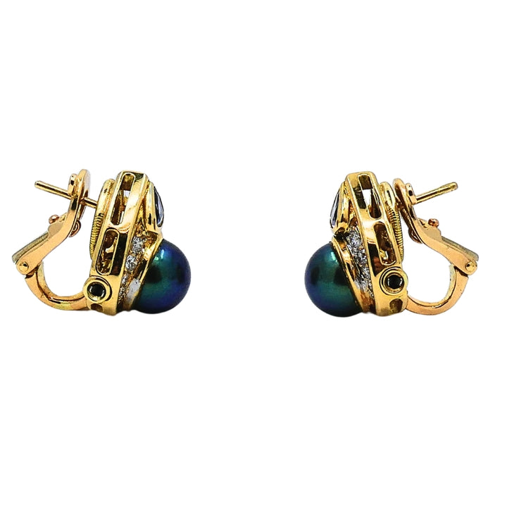 Vintage Marina B Earrings 18k Gold Black Pearl Gemstones
