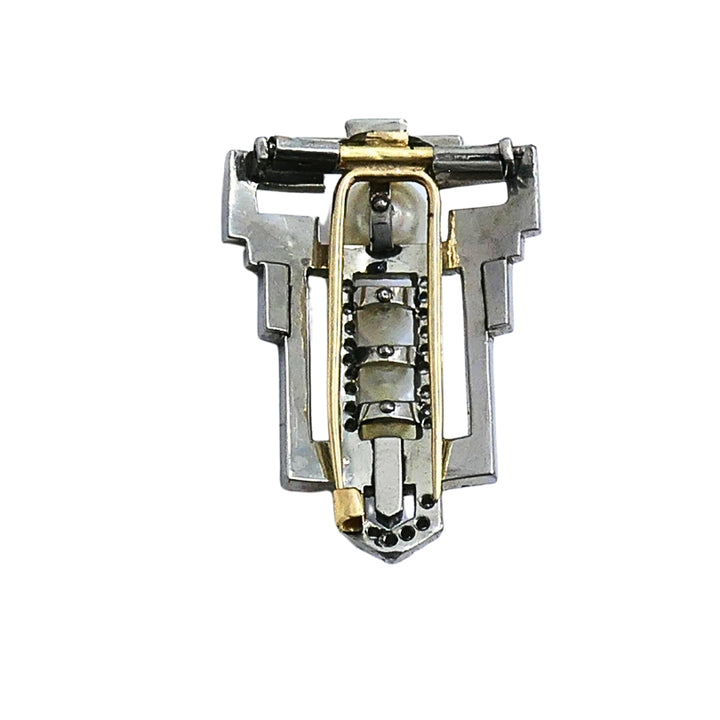 Art Deco Palladium Pearl Diamond Geometric Pin Brooch