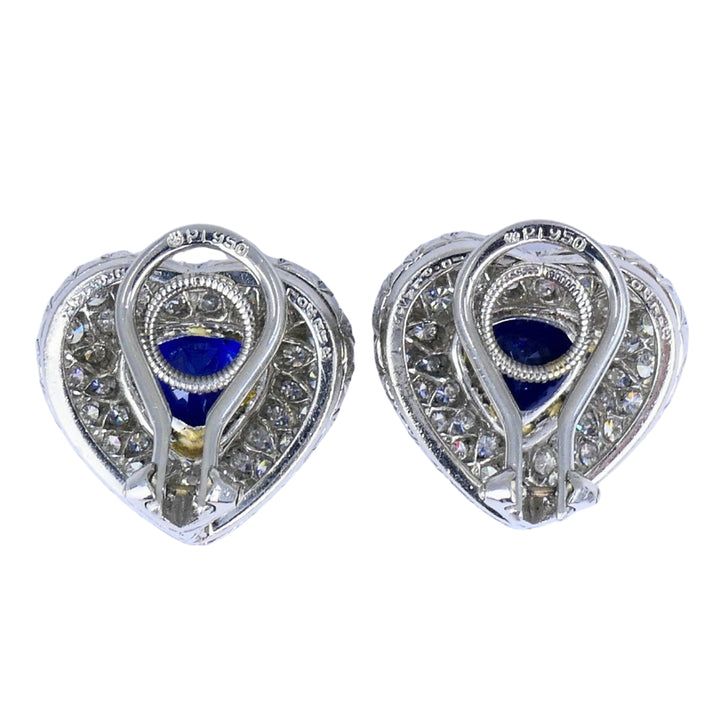 Vintage Heart Shaped Earrings Platinum Diamond Heart Cut Sapphire Estate Jewelry
