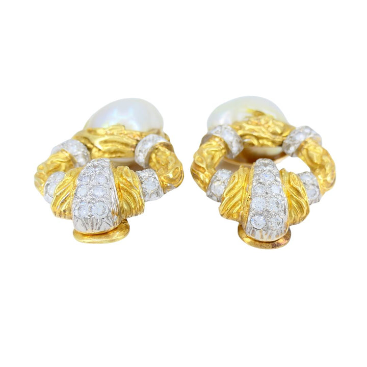 Vintage Wander 18k Gold Diamond Pearl Clip Earrings