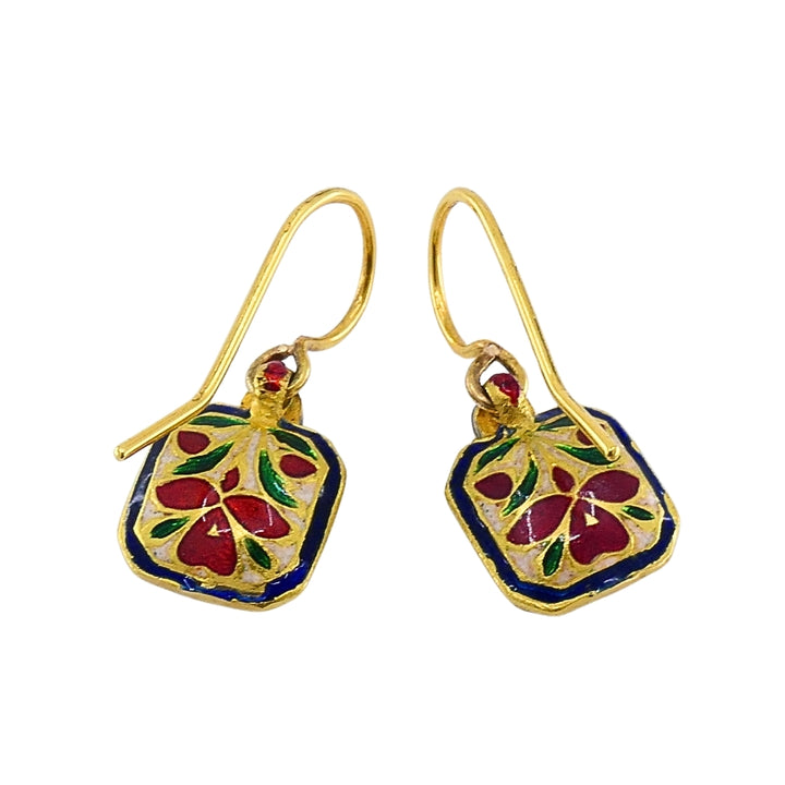 Antique 18k Gold Earrings Diamond Enamel Indian Origin