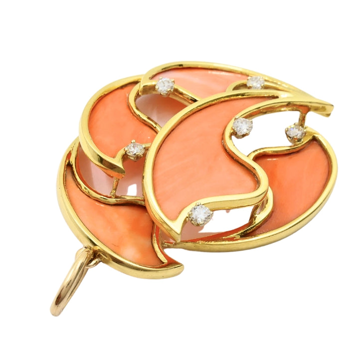 French 18k Diamond Coral Pendant 14k Gold Chain Necklace