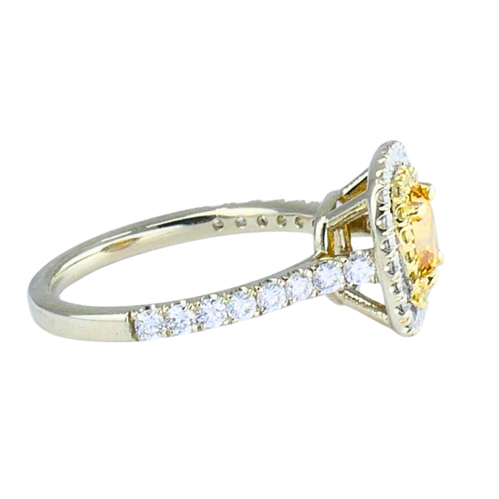 14k White Gold Ring Fancy Yellow Orange Diamond GIA Double Halo Estate Jewelry