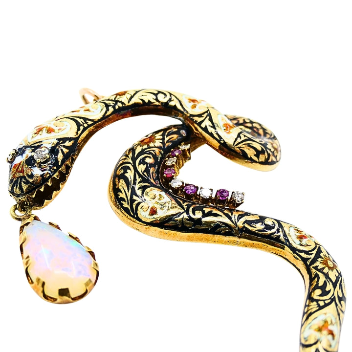 Antique Snake Pendant 14k Gold Enamel Gemstones