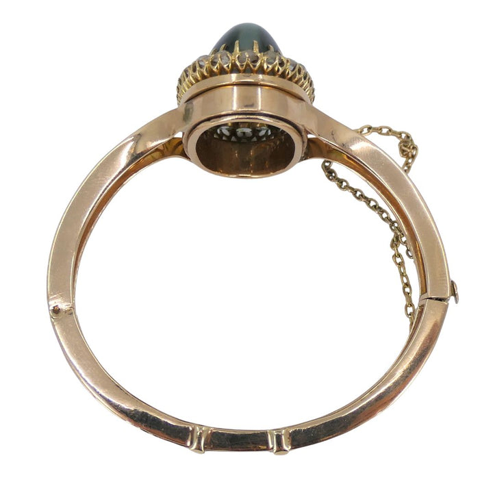 Antique Victorian Rose Gold Diamond Cat's Eye Clamper Bracelet
