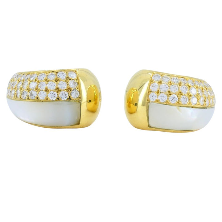 Vintage Bvlgari 18k Gold Diamond Mother of Pearl Hoop Earrings