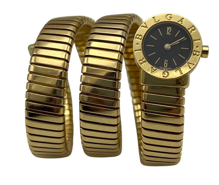 Vintage Bulgari Yellow Gold Black Dial Serpenti Tubogas Wrap Around Wristwatch