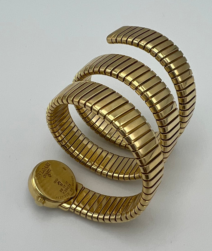 Vintage Bulgari Yellow Gold Black Dial Serpenti Tubogas Wrap Around Wristwatch