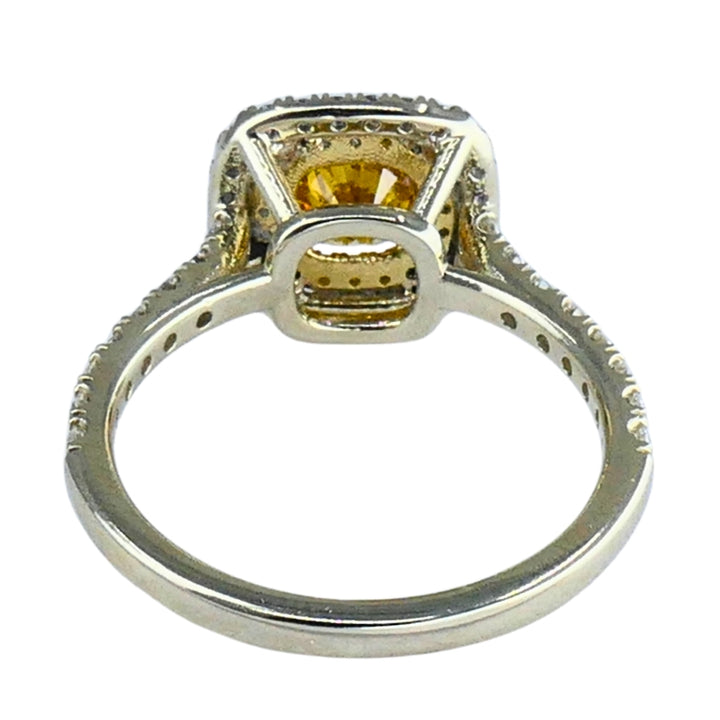 14k White Gold Ring Fancy Yellow Orange Diamond GIA Double Halo Estate Jewelry