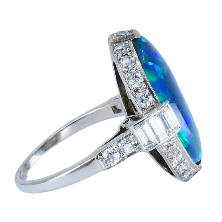 Art Deco Black Opal Ring Platinum Diamond Estate Jewelry