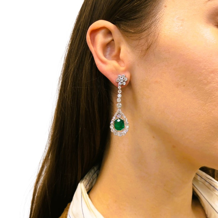 Art Deco Drop Earrings Platinum Diamond Emerald Cushion Cut Estate Jewelry