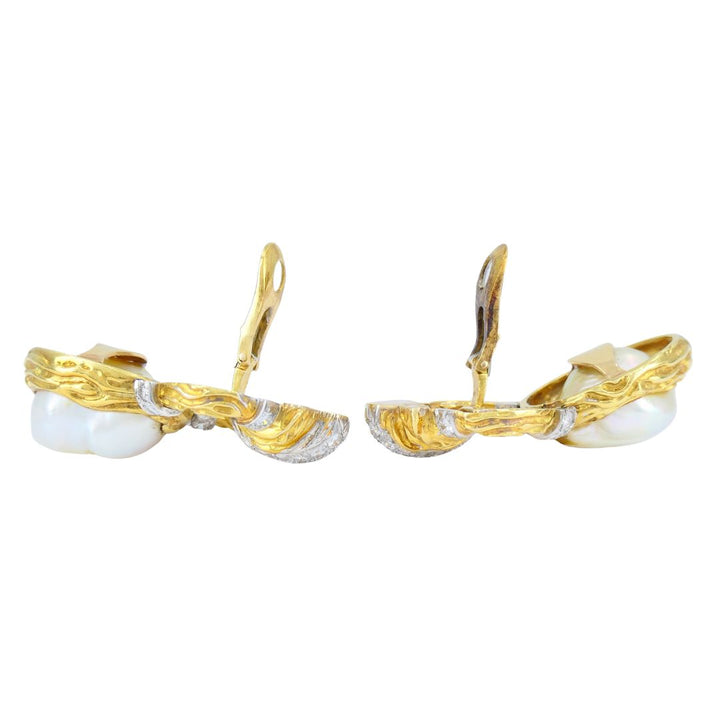 Vintage Wander 18k Gold Diamond Pearl Clip Earrings