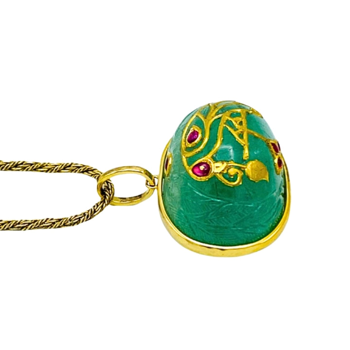 1930’s Yellow Gold, Carved Emerald and Ruby Pendant Chain Necklace