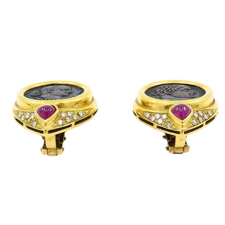 Ancient Coin 18k Gold Earrings Ruby