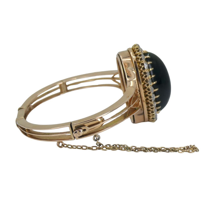 Antique Victorian Rose Gold Diamond Cat's Eye Clamper Bracelet