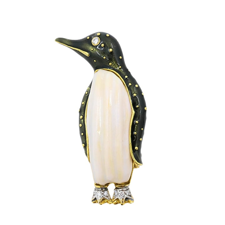 Aldo Cipullo for Cartier Brooch Penguin Enamel Diamond 18K Gold