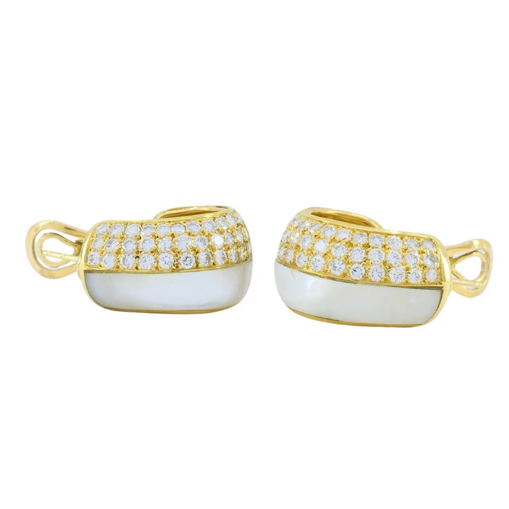 Vintage Bvlgari 18k Gold Diamond Mother of Pearl Hoop Earrings