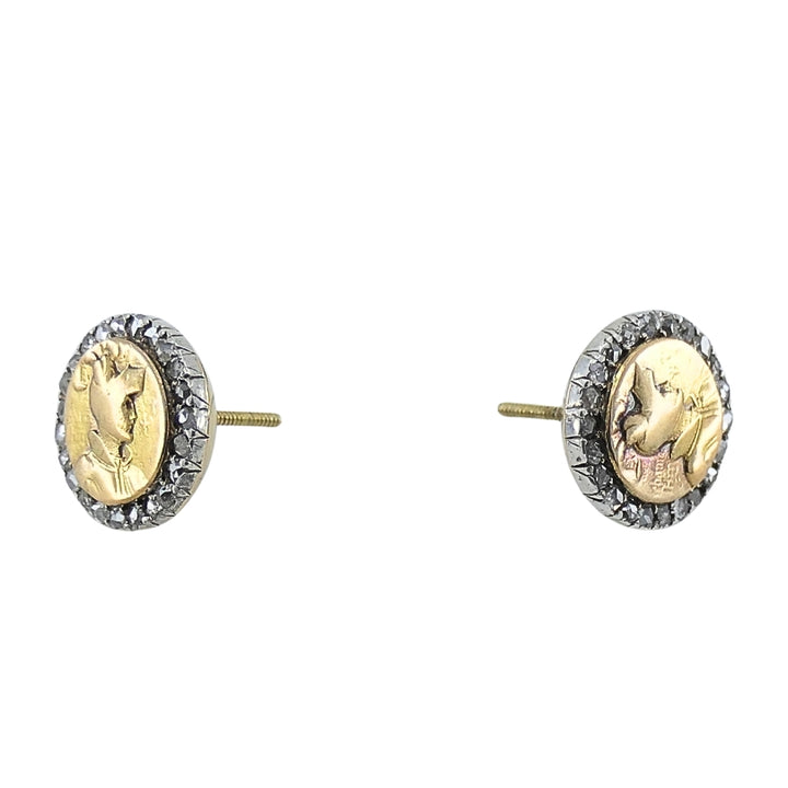 Antique 14k Rose Gold & Rose Cut Diamond Knight Stud Earrings Circa 1900s
