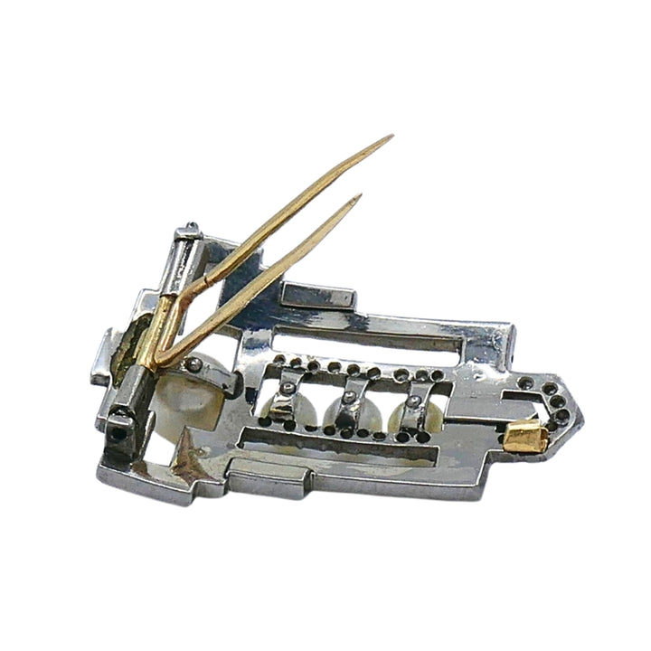 Art Deco Palladium Pearl Diamond Geometric Pin Brooch