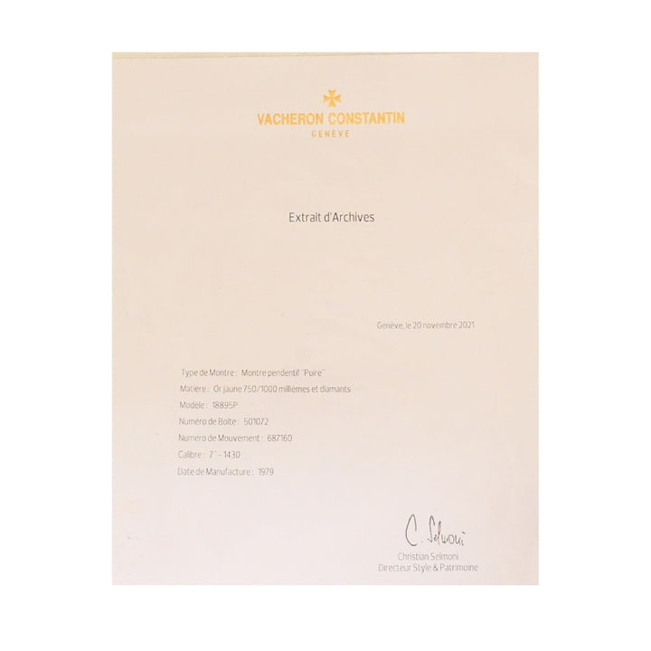 Vacheron Constantin Watch Pendant Diamond 18k Gold Certificate of Authenticity