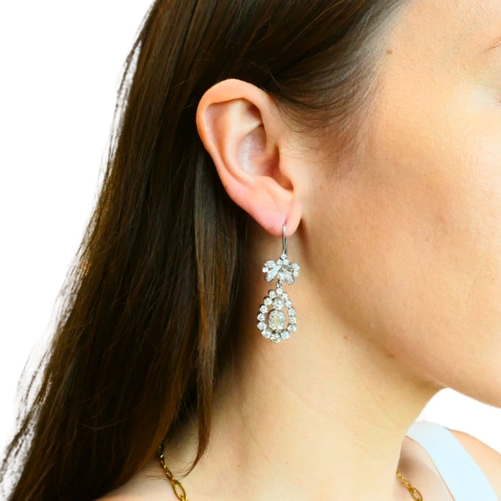 Art Deco Platinum Drop Earrings Old European Cushion Cut Diamonds Estate Jewelry