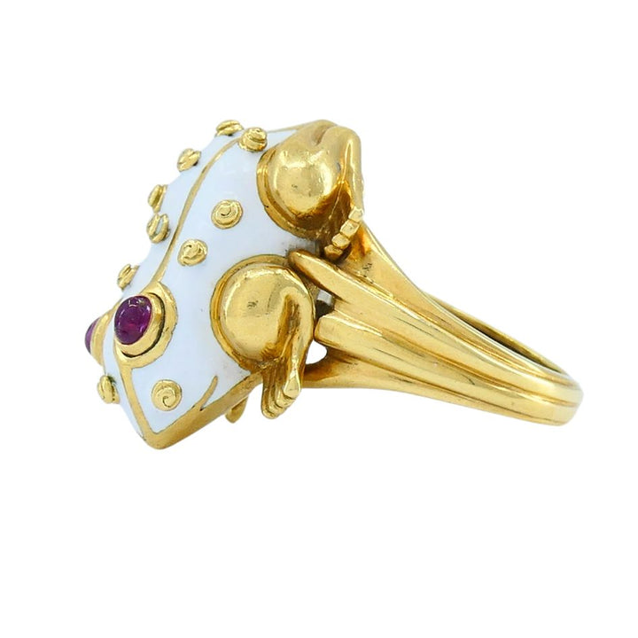 1990s David Webb 18k Gold White Enamel Ruby Frog Ring