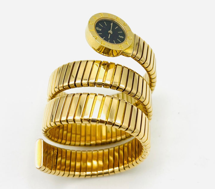 Vintage Bulgari Yellow Gold Black Dial Serpenti Tubogas Wrap Around Wrist Watch