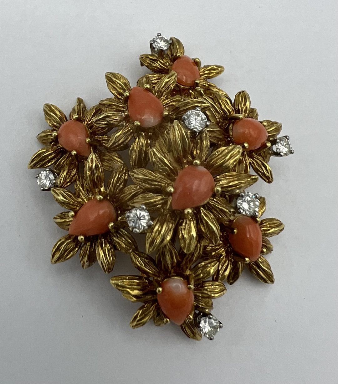 18k Gold Coral Diamond Floral Brooch
