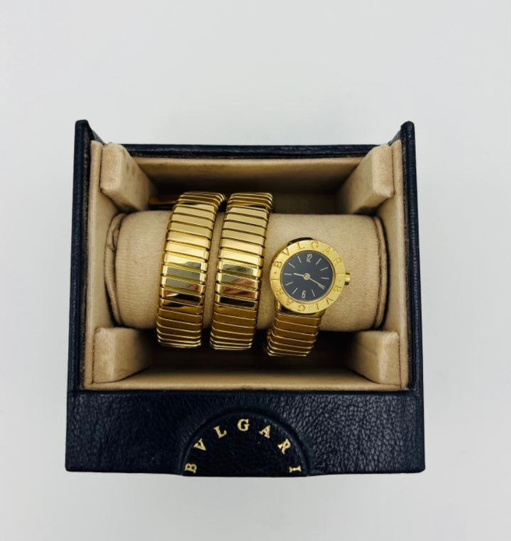 Vintage Bulgari Yellow Gold Black Dial Serpenti Tubogas Wrap Around Wrist Watch