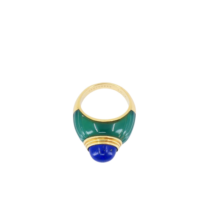 1980's Boucheron Jaipur Ring 18k Gold Chrysophrase Lapis Lazuli Original Pouch