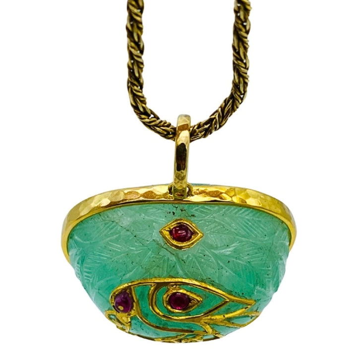 1930’s Yellow Gold, Carved Emerald and Ruby Pendant Chain Necklace