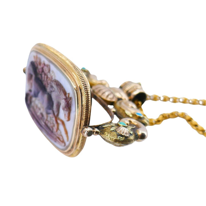 Antique Victorian Gold Mother of Pearl Equestrian Pendant Chain Necklace