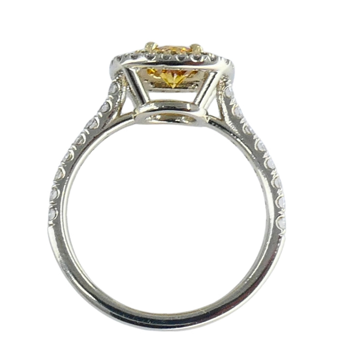 14k White Gold Ring Fancy Yellow Orange Diamond GIA Double Halo Estate Jewelry