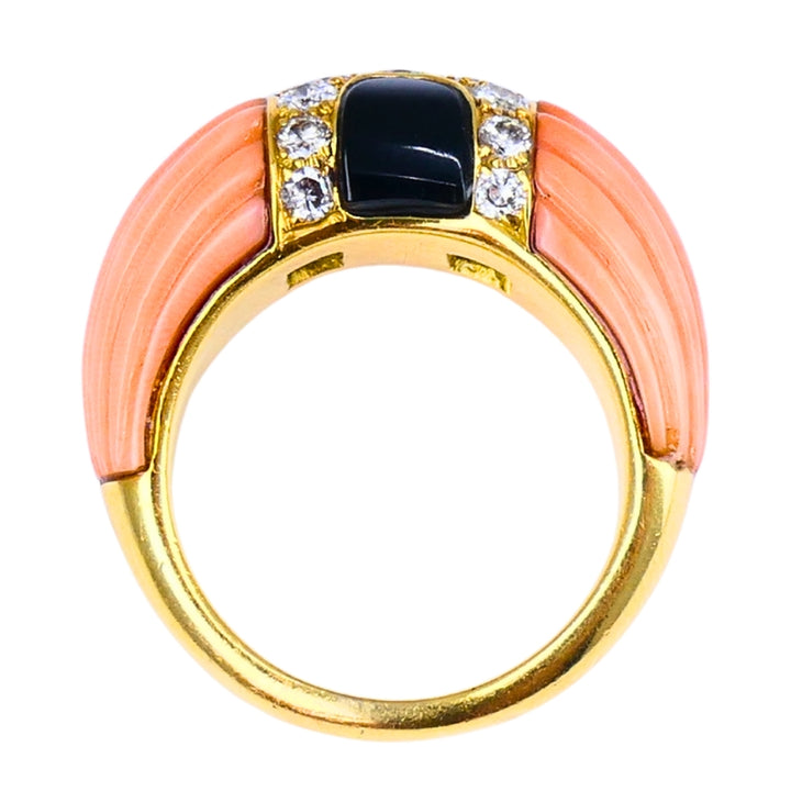 Vintage Cartier Set Coral Onyx Diamond 18k Gold Ring and Earrings Estate Jewelry