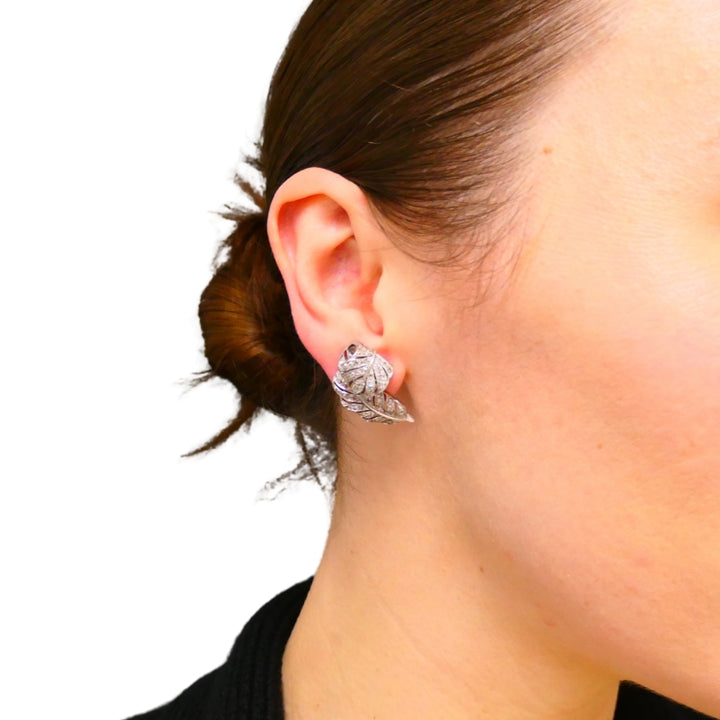 Art Deco Leaf Shaped Earrings Diamond Platinum Estate Jewelry