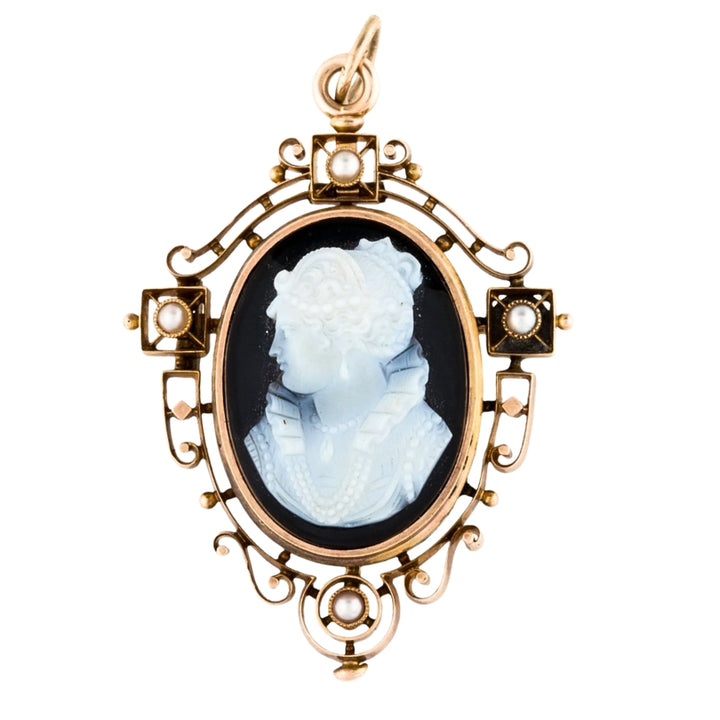 Antique 12k Gold Agate Cameo Pendant Brooch Seed Pearls