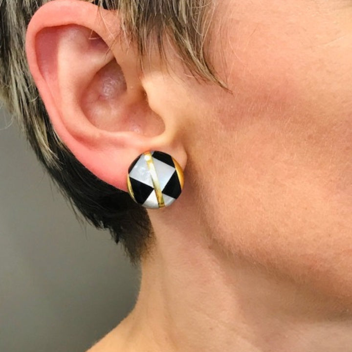 Angela Cummings for Tiffany & Co. MOP Gold Onyx Button Clip-On Earrings